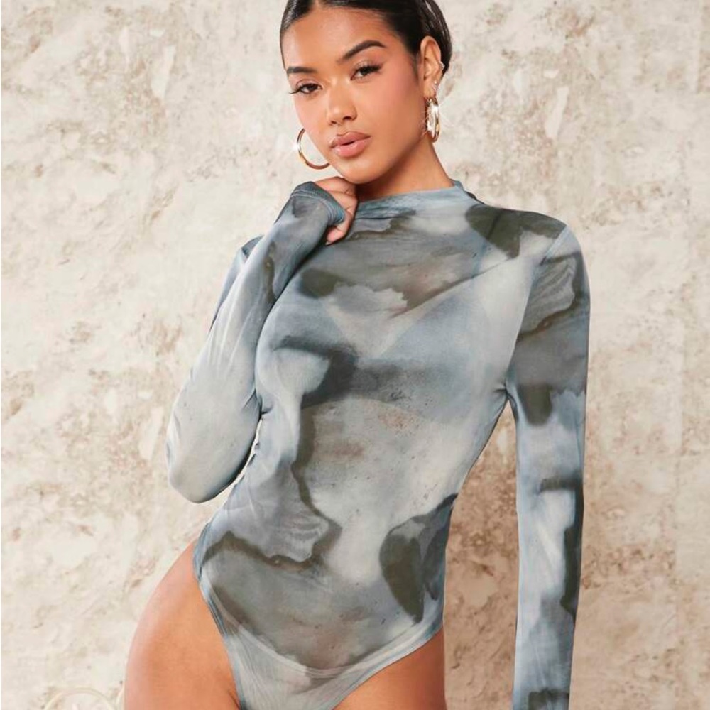 Mandarin Collar Long Sleeve Tie-Dye Mesh Bodysuit